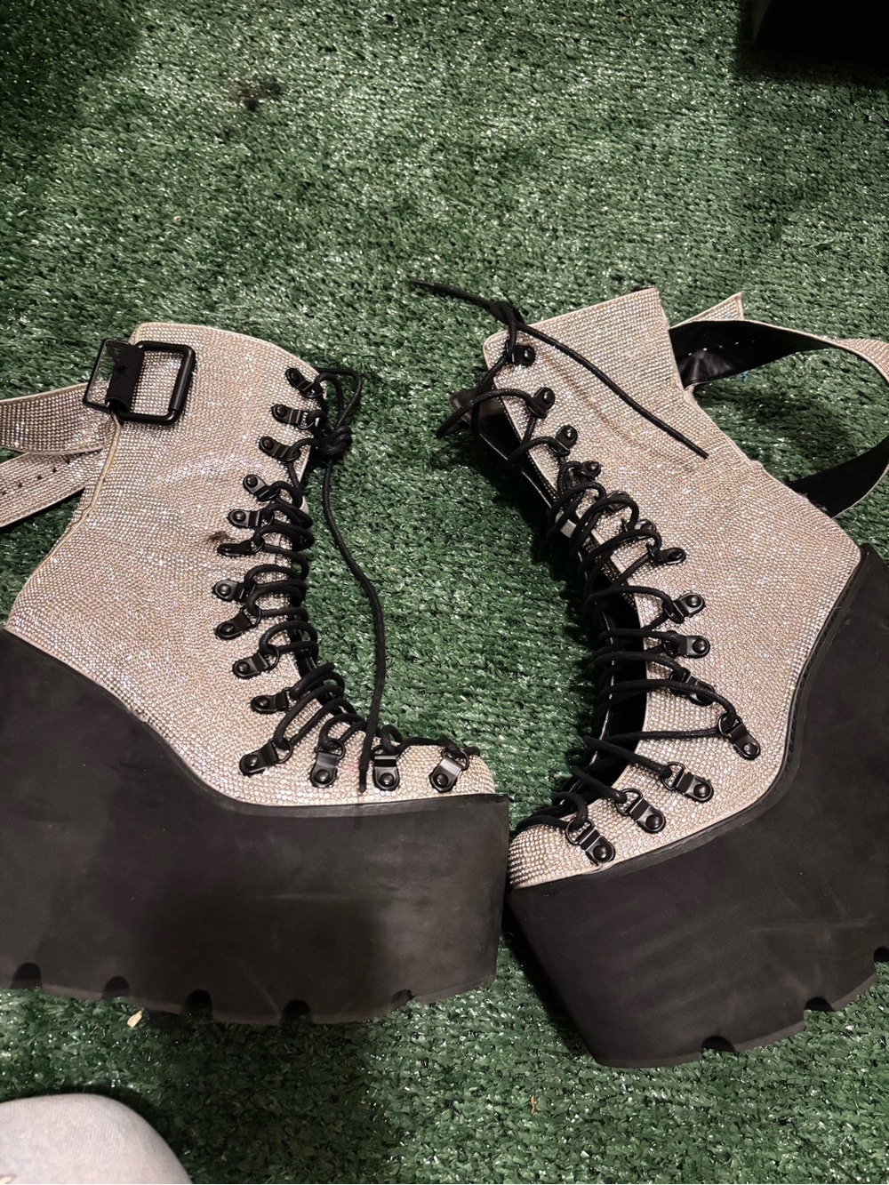 Chunky Platform Lace-Up Boots in Glittery Silver
